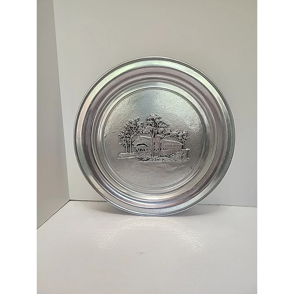 Vintage Wilton Armetale‎ Pewter Wall Art Hanging Plate Covered Bridge USA